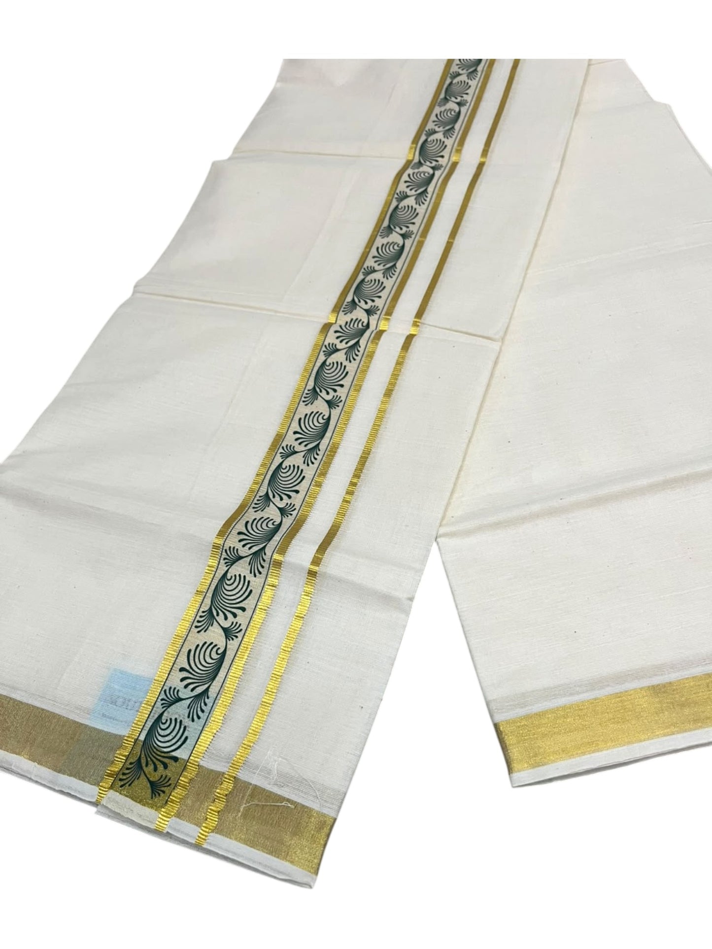 southloom Pure Cotton Double Mundu with Block Prints on Green Border (South Indian Dhoti)SL597