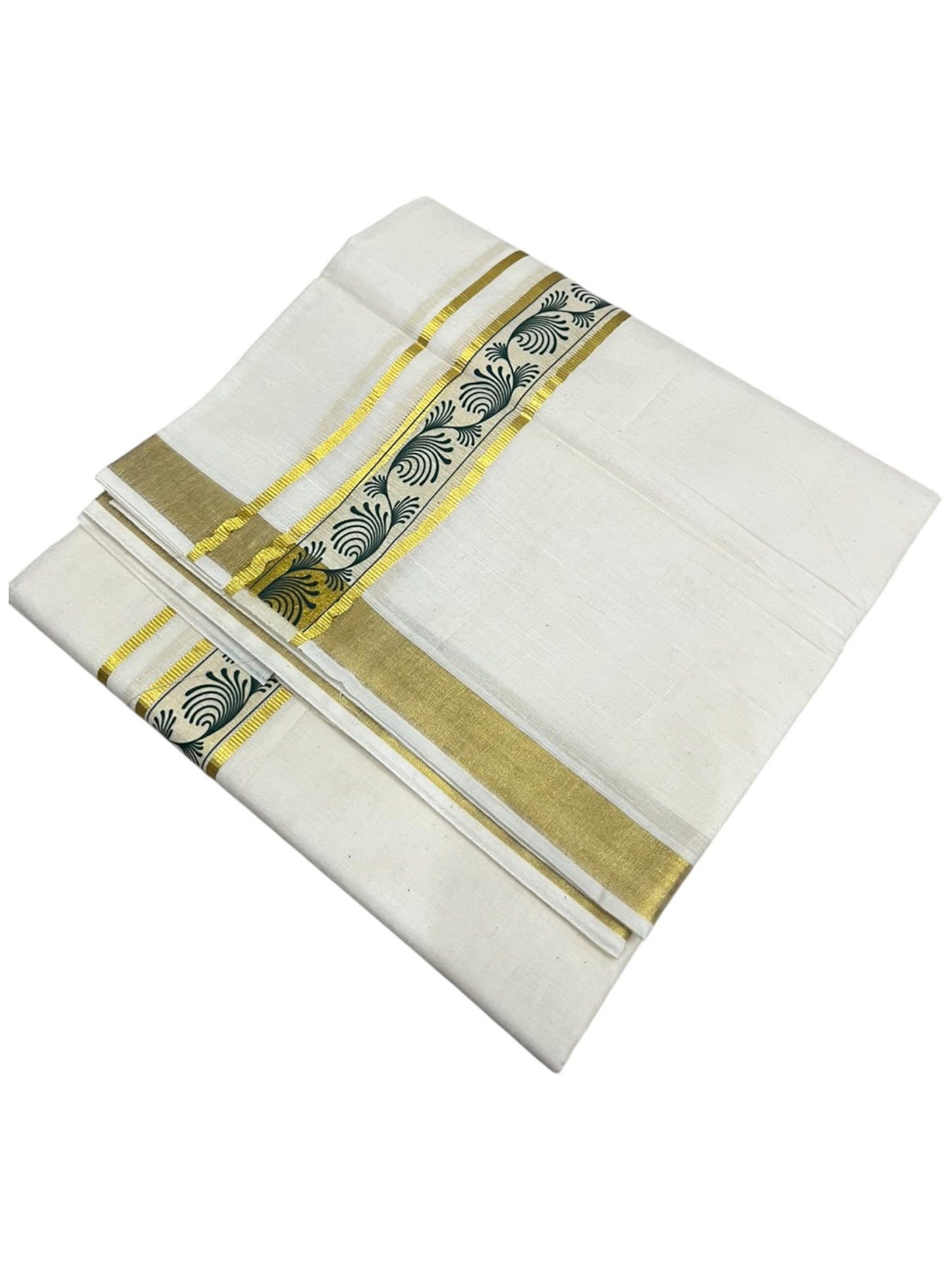 southloom Pure Cotton Double Mundu with Block Prints on Green Border (South Indian Dhoti)SL597