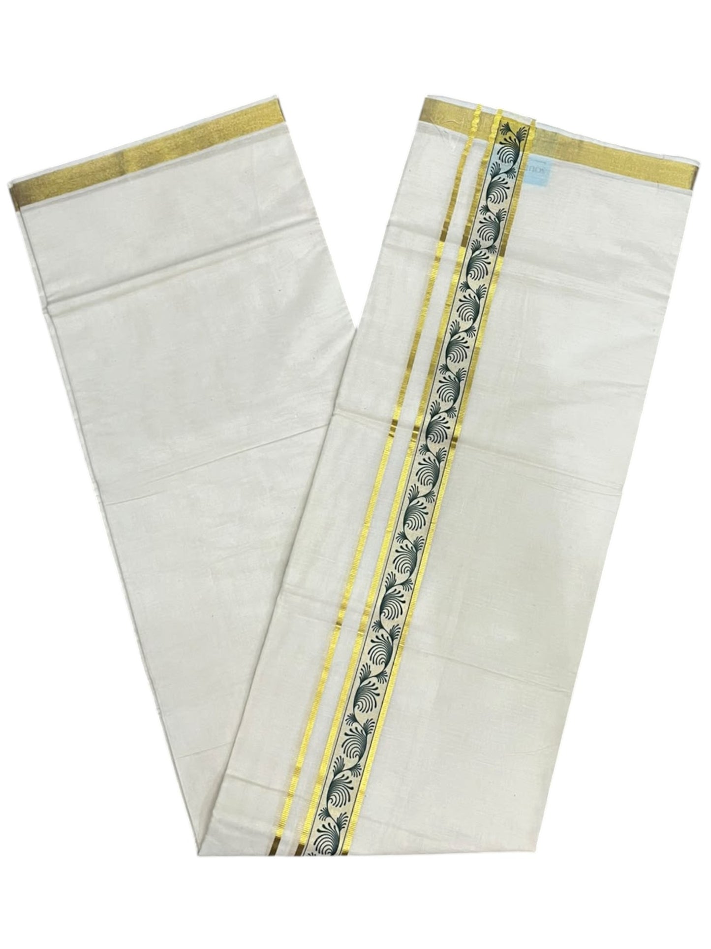 southloom Pure Cotton Double Mundu with Block Prints on Green Border (South Indian Dhoti)SL597