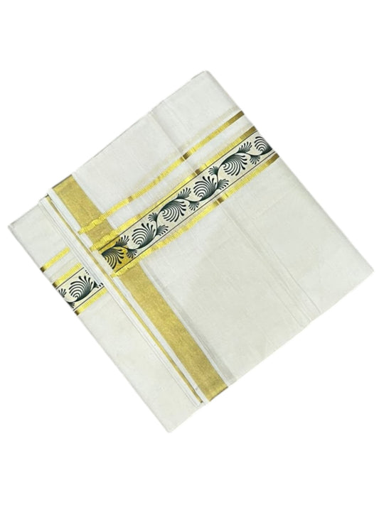 southloom Pure Cotton Double Mundu with Block Prints on Green Border (South Indian Dhoti)SL597