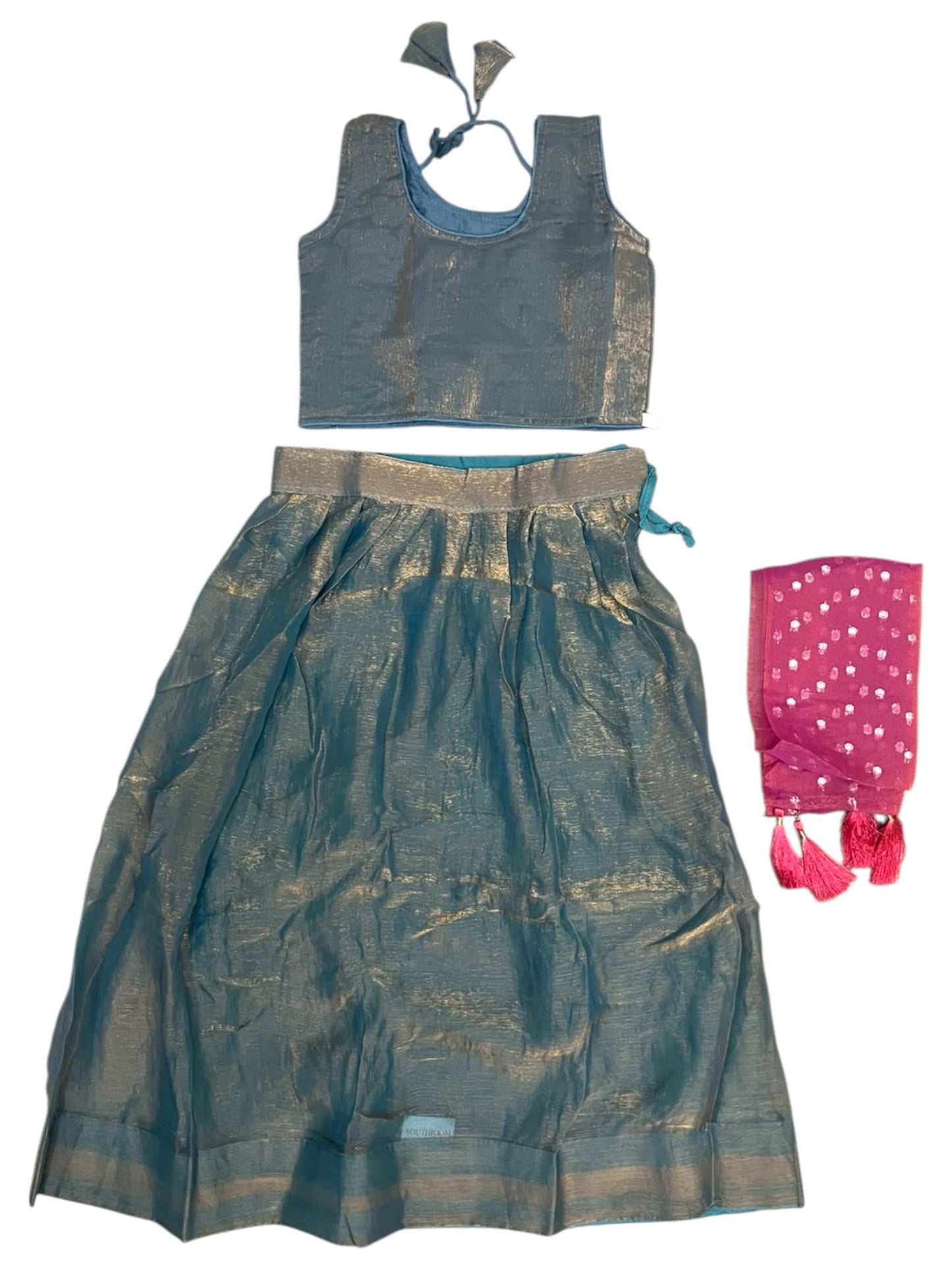 Southloom Stitched Organza Dhavani Set with Pavada and Blouse Piece in Peacock Green SL595