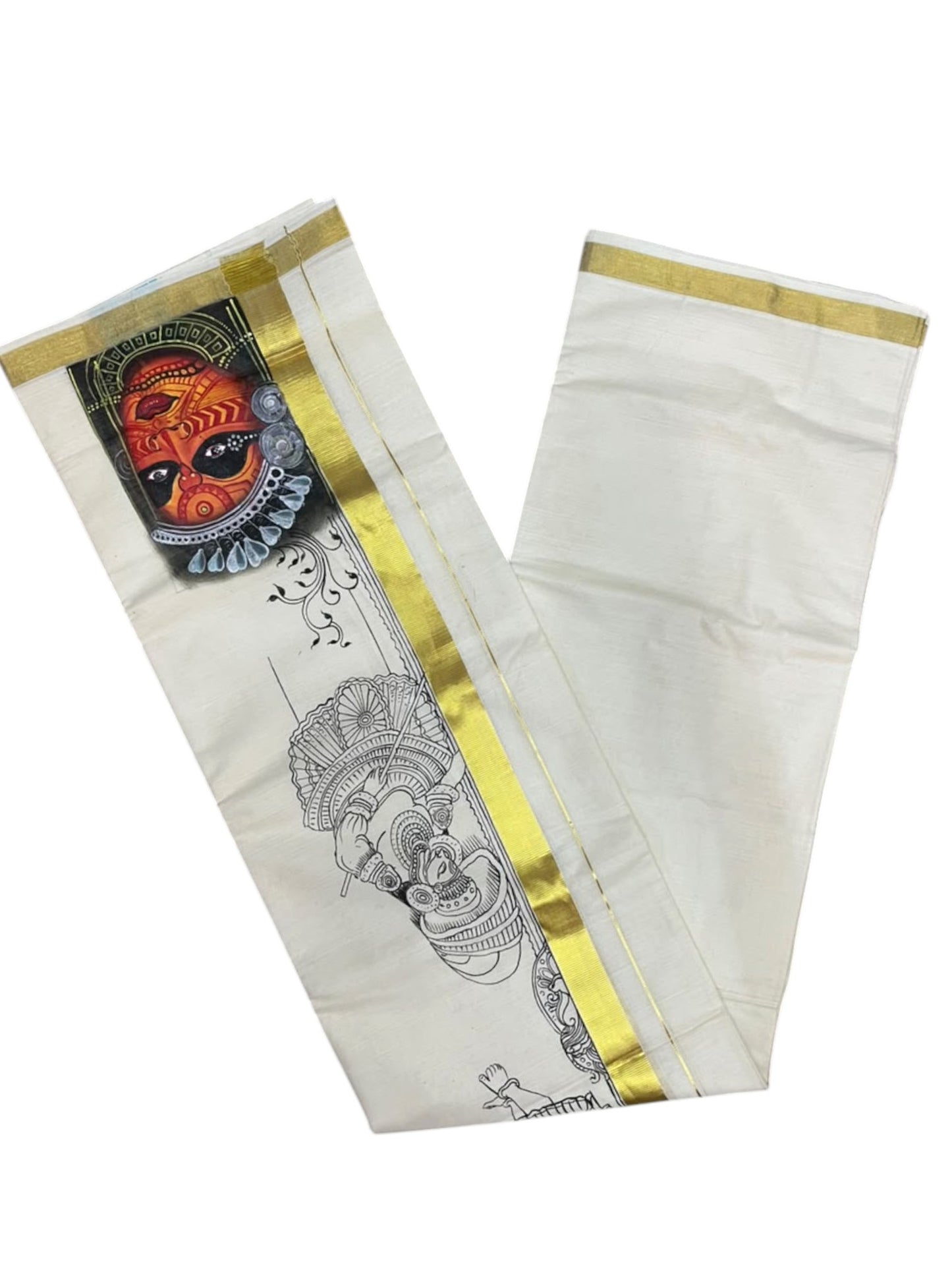 Southloom Pure Cotton Hand Painted Double Mundu (South Indian Kerala Dhoti)SL330