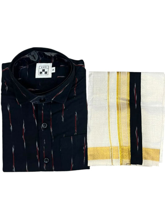 Southloom Tissue Black Ikat Printed Kids's Combo (Shirt + Velcro Mundu) SLKCOMBO