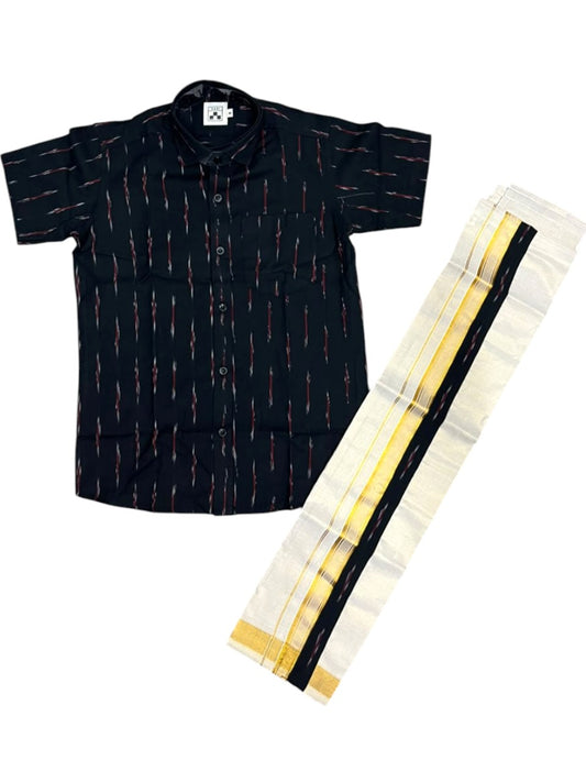 Southloom Tissue Black Ikat Printed Kids's Combo (Shirt + Velcro Mundu) SLKCOMBO