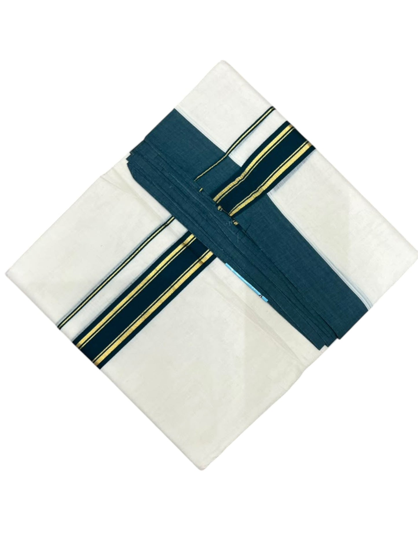Southloom Pure Cotton Mundu with Golden Lines and Peacock Green Border (South Indian Kerala Dhoti)
