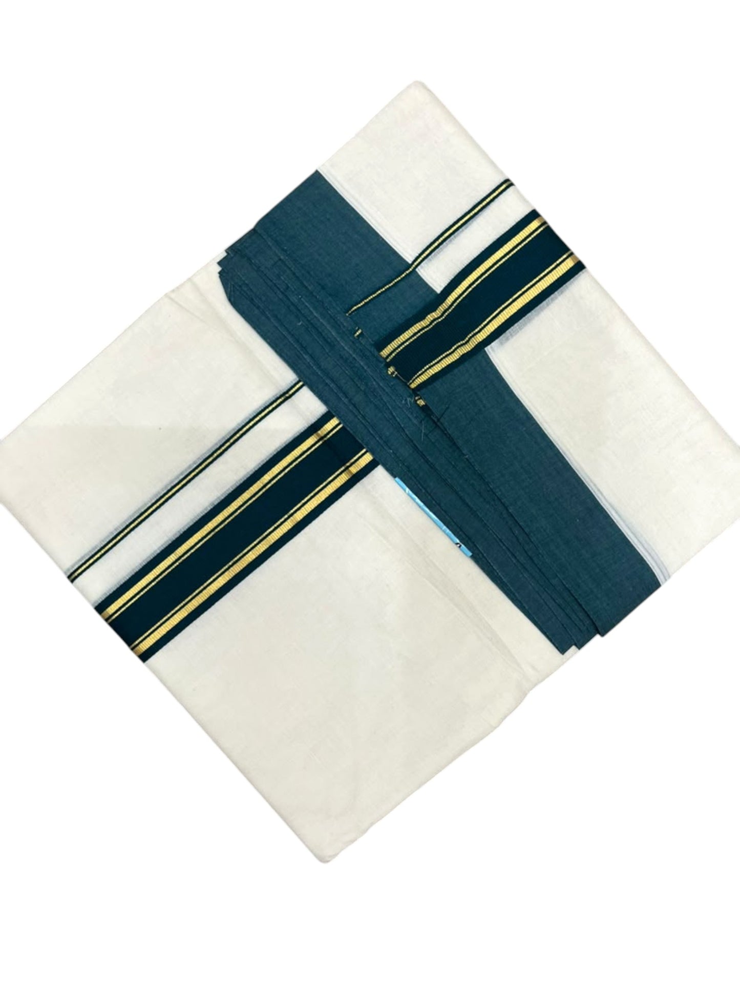 Southloom Pure Cotton Mundu with Golden Lines and Peacock Green Border (South Indian Kerala Dhoti)