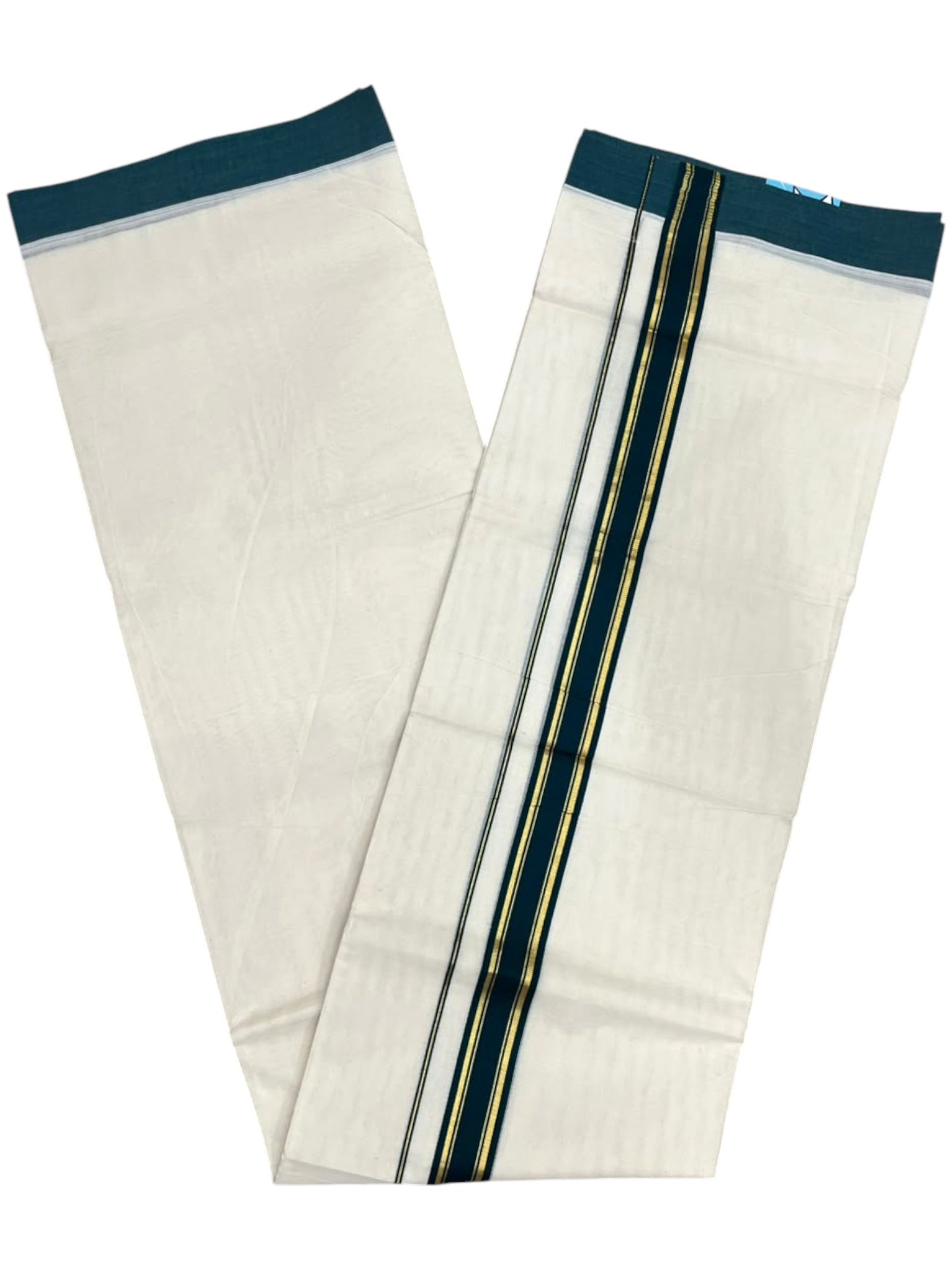 Southloom Pure Cotton Mundu with Golden Lines and Peacock Green Border (South Indian Kerala Dhoti)