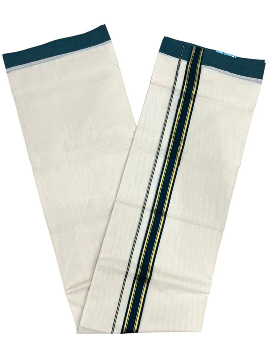 Southloom Pure Cotton Mundu with Golden Lines and Peacock Green Border (South Indian Kerala Dhoti)