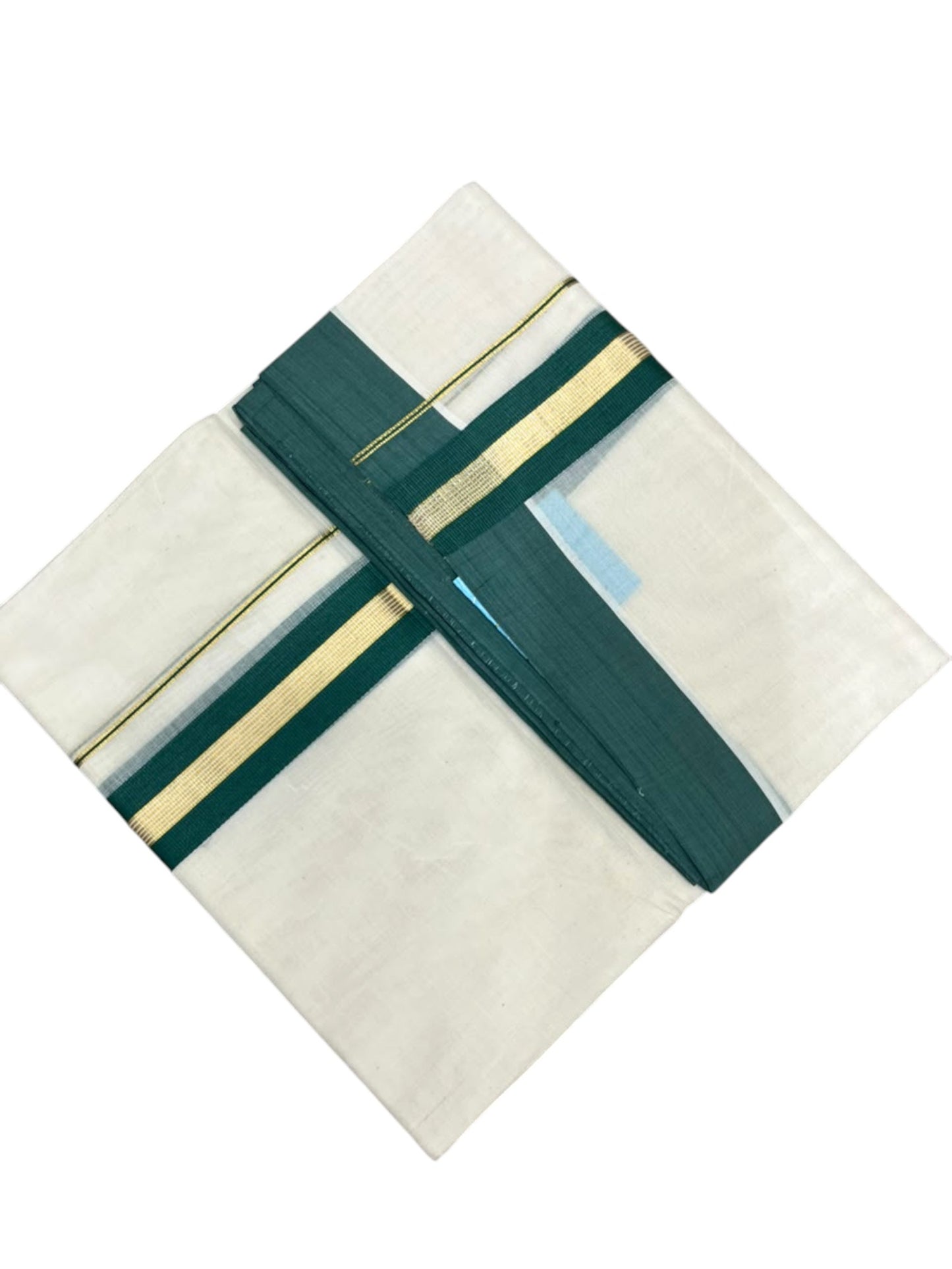 Southloom Pure Cotton Mundu with Golden Lines and Peacock Green Border (South Indian Kerala Dhoti)