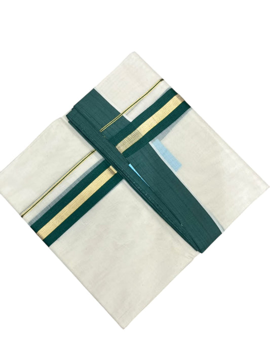 Southloom Pure Cotton Mundu with Golden Lines and Peacock Green Border (South Indian Kerala Dhoti)