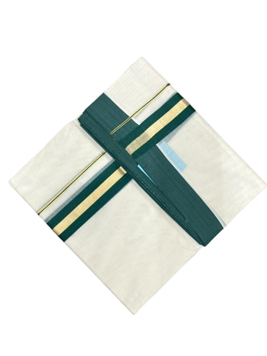 Southloom Pure Cotton Mundu with Golden Lines and Peacock Green Border (South Indian Kerala Dhoti)