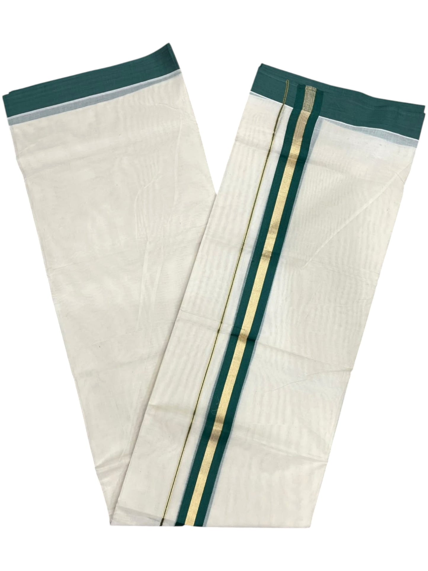 Southloom Pure Cotton Mundu with Golden Lines and Peacock Green Border (South Indian Kerala Dhoti)