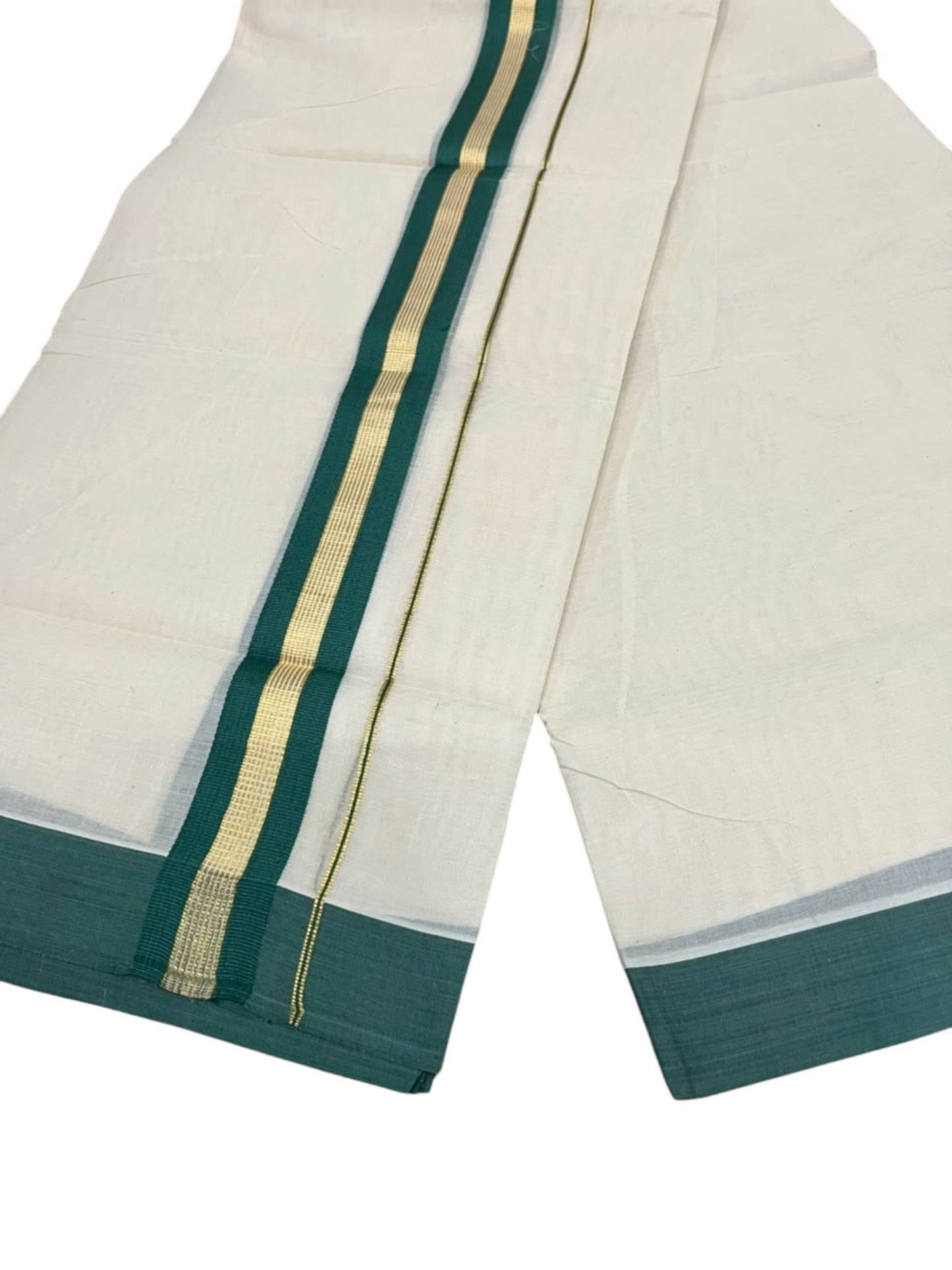 Southloom Pure Cotton Mundu with Golden Lines and Peacock Green Border (South Indian Kerala Dhoti)