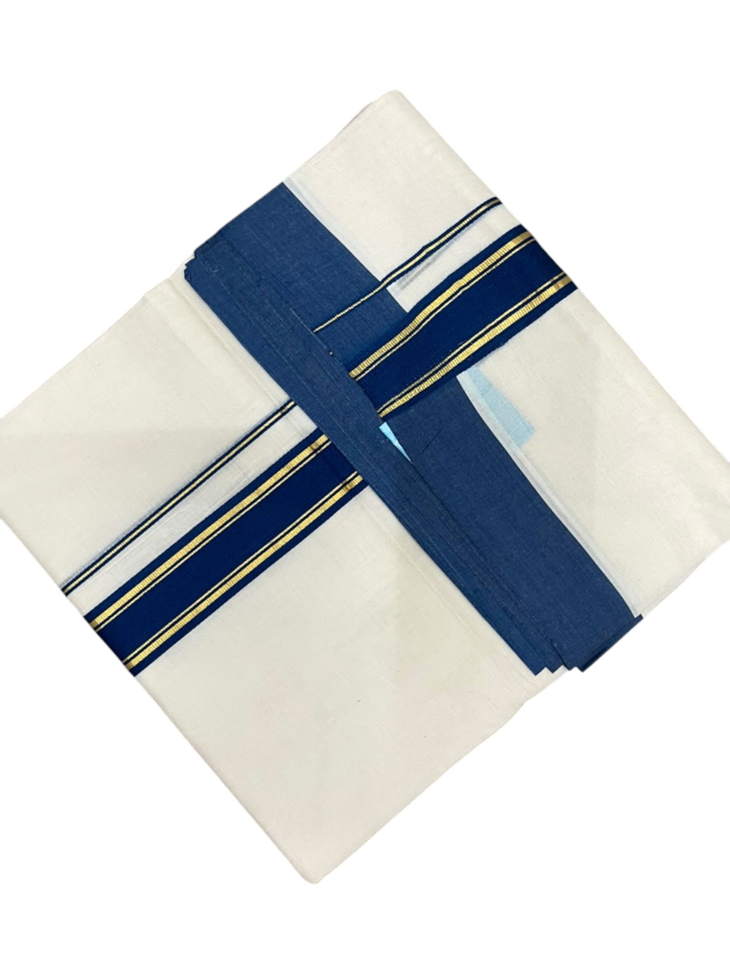 Southloom Pure Cotton Mundu with Golden Lines and Blue Border (South Indian Kerala Dhoti)