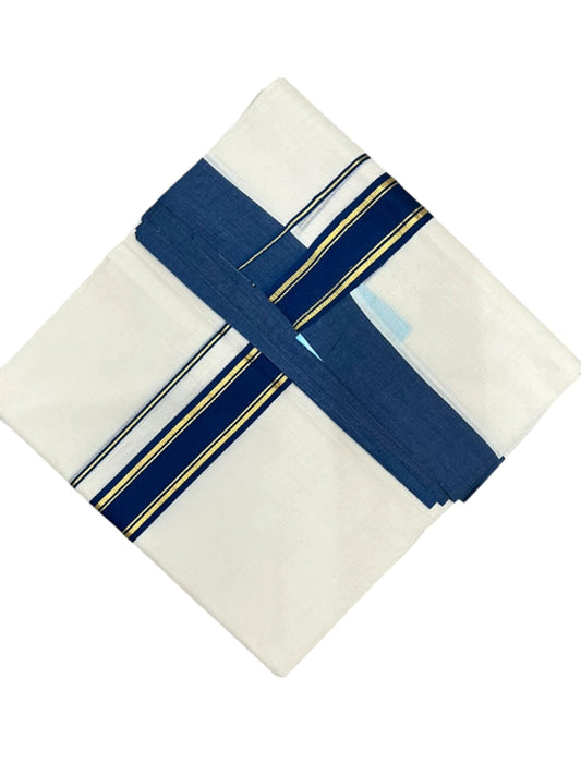Southloom Pure Cotton Mundu with Golden Lines and Blue Border (South Indian Kerala Dhoti)