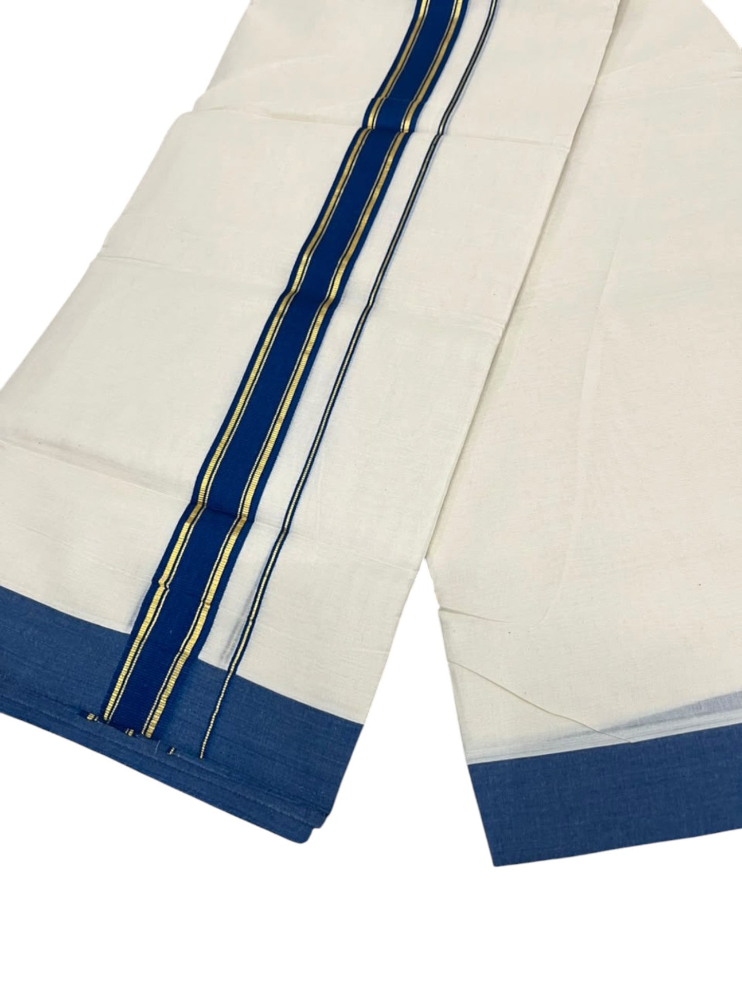 Southloom Pure Cotton Mundu with Golden Lines and Blue Border (South Indian Kerala Dhoti)