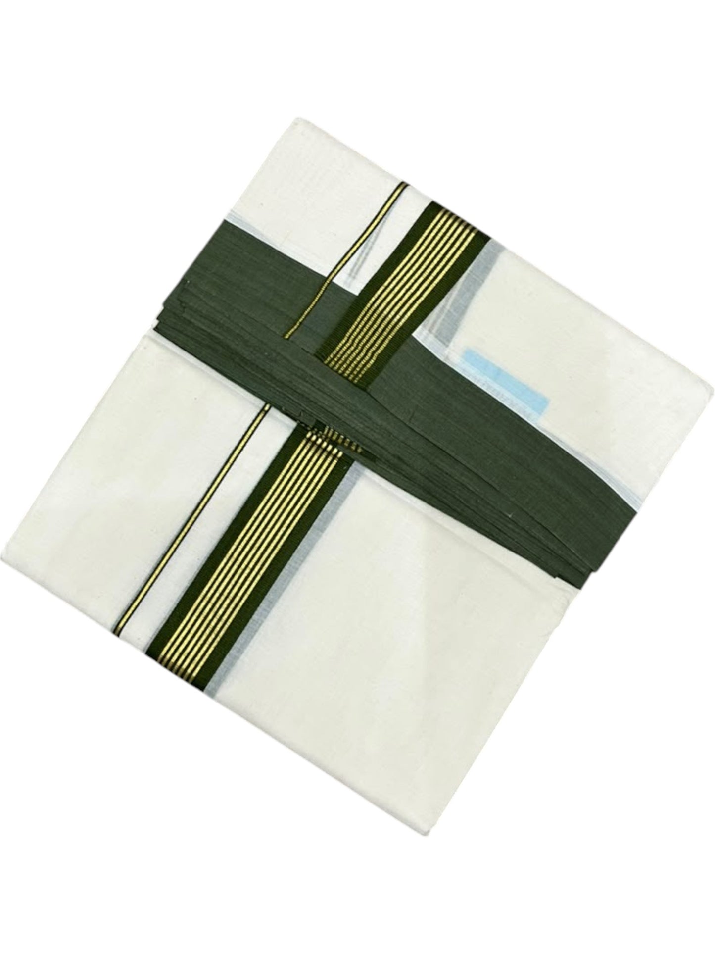 Southloom Pure Cotton Mundu with Golden Lines and Green Border (South Indian Kerala Dhoti)
