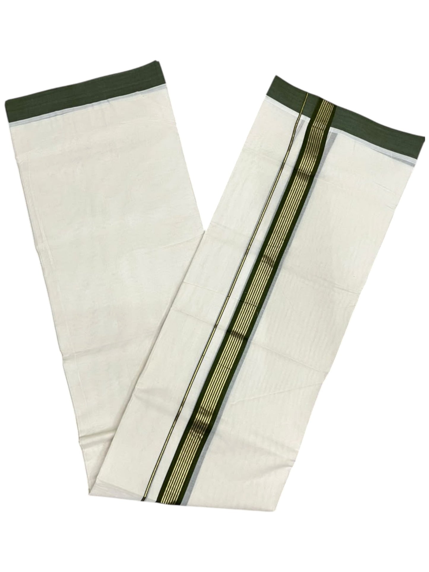 Southloom Pure Cotton Mundu with Golden Lines and Green Border (South Indian Kerala Dhoti)