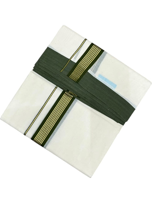 Southloom Pure Cotton Mundu with Golden Lines and Green Border (South Indian Kerala Dhoti)