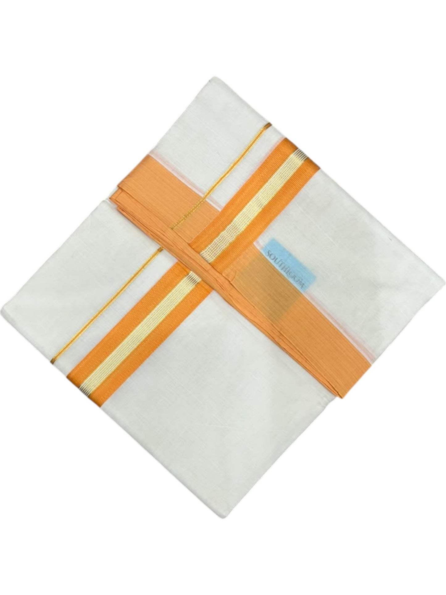 Southloom Pure Cotton Mundu with Golden Lines and Yellow Border (South Indian Kerala Dhoti)