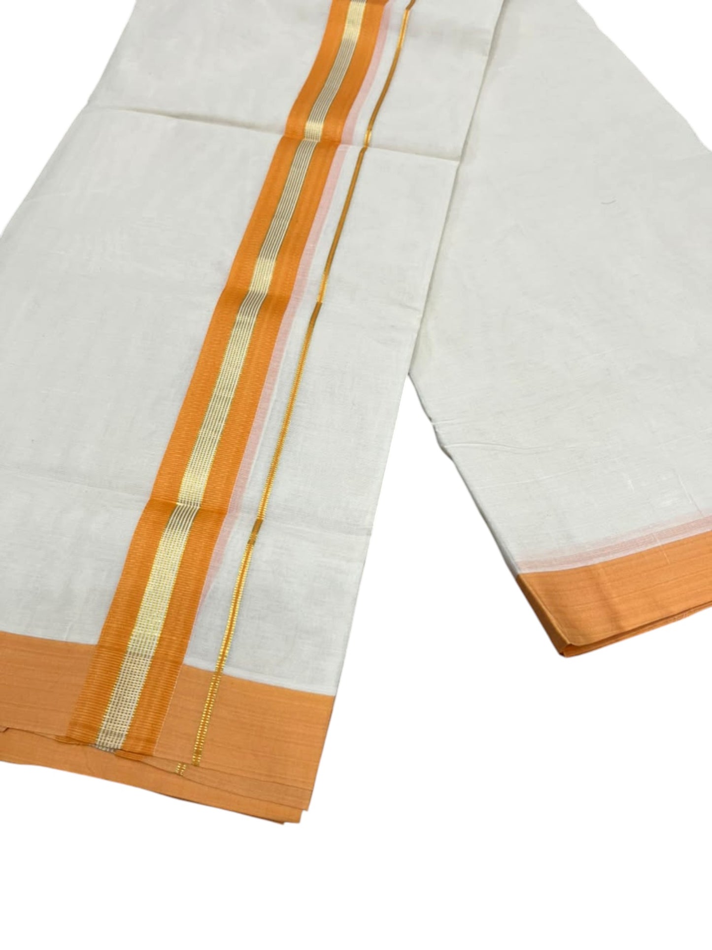 Southloom Pure Cotton Mundu with Golden Lines and Yellow Border (South Indian Kerala Dhoti)