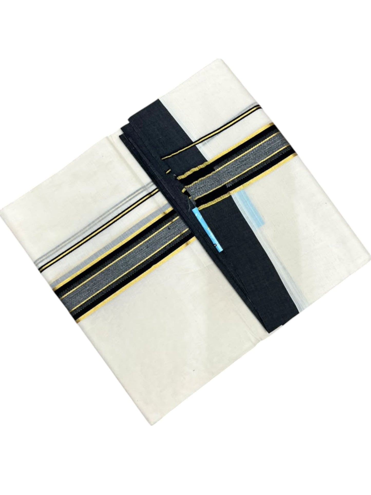Southloom Pure Cotton Mundu with Golden Lines and Black Border (South Indian Kerala Dhoti)