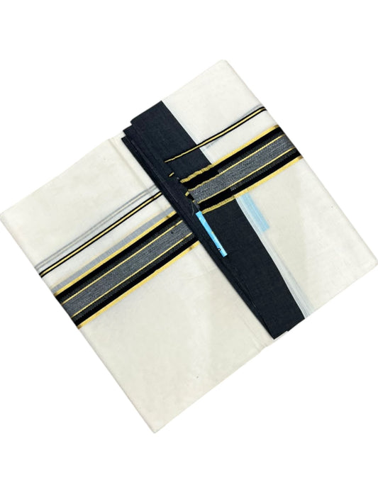 Southloom Pure Cotton Mundu with Golden Lines and Black Border (South Indian Kerala Dhoti)