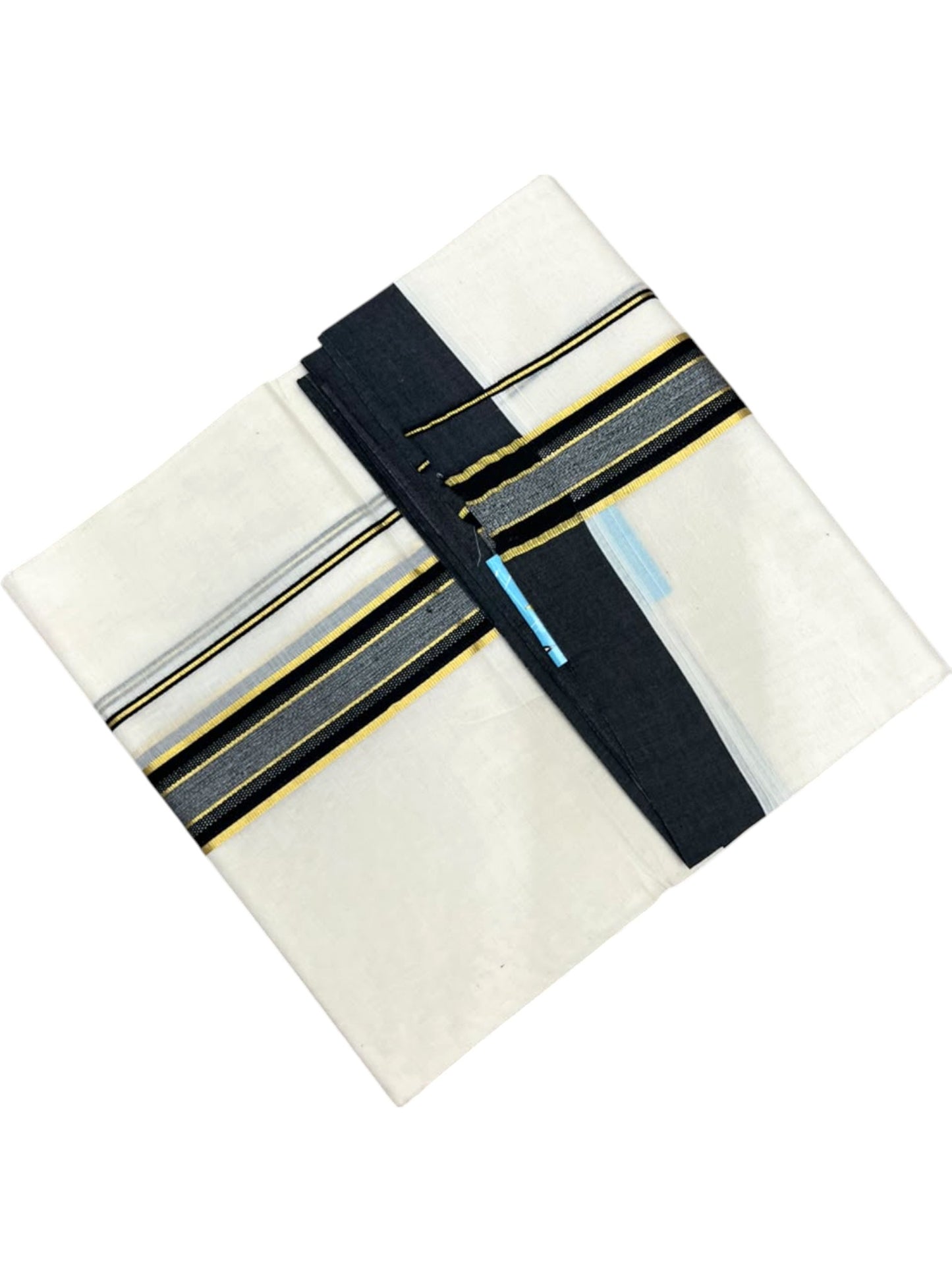 Southloom Pure Cotton Mundu with Golden Lines and Black Border (South Indian Kerala Dhoti)