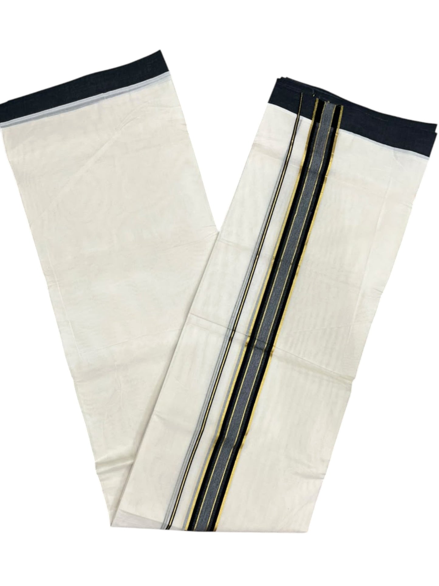 Southloom Pure Cotton Mundu with Golden Lines and Black Border (South Indian Kerala Dhoti)