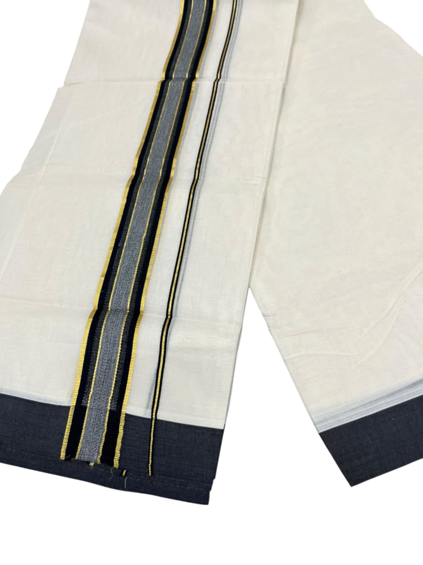 Southloom Pure Cotton Mundu with Golden Lines and Black Border (South Indian Kerala Dhoti)