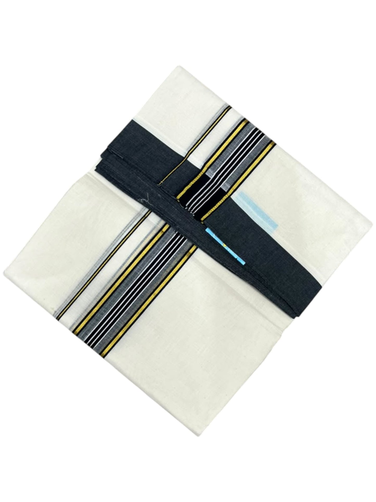 Southloom Pure Cotton Mundu with Golden Lines and Black Border (South Indian Kerala Dhoti)