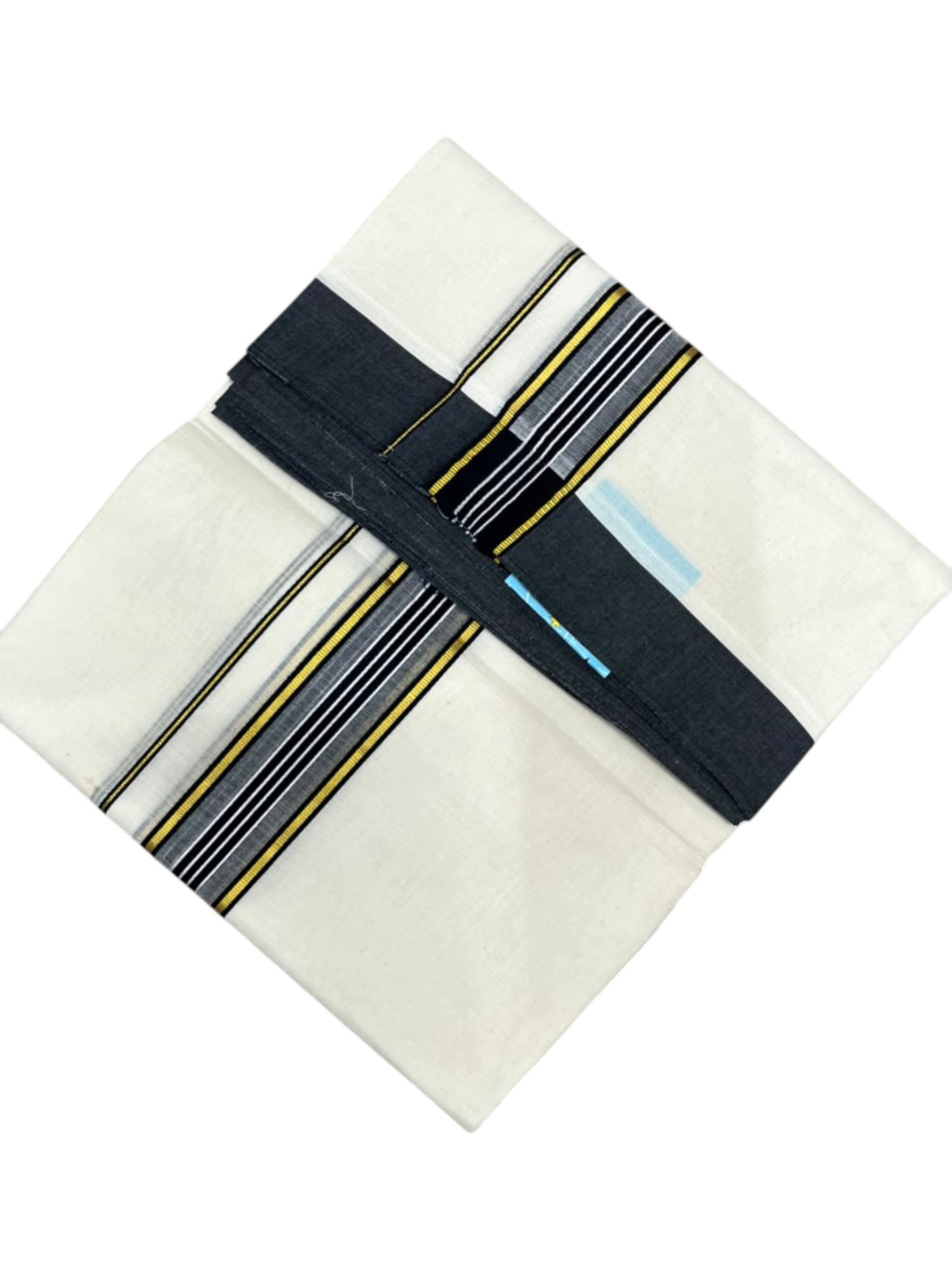 Southloom Pure Cotton Mundu with Golden Lines and Black Border (South Indian Kerala Dhoti)