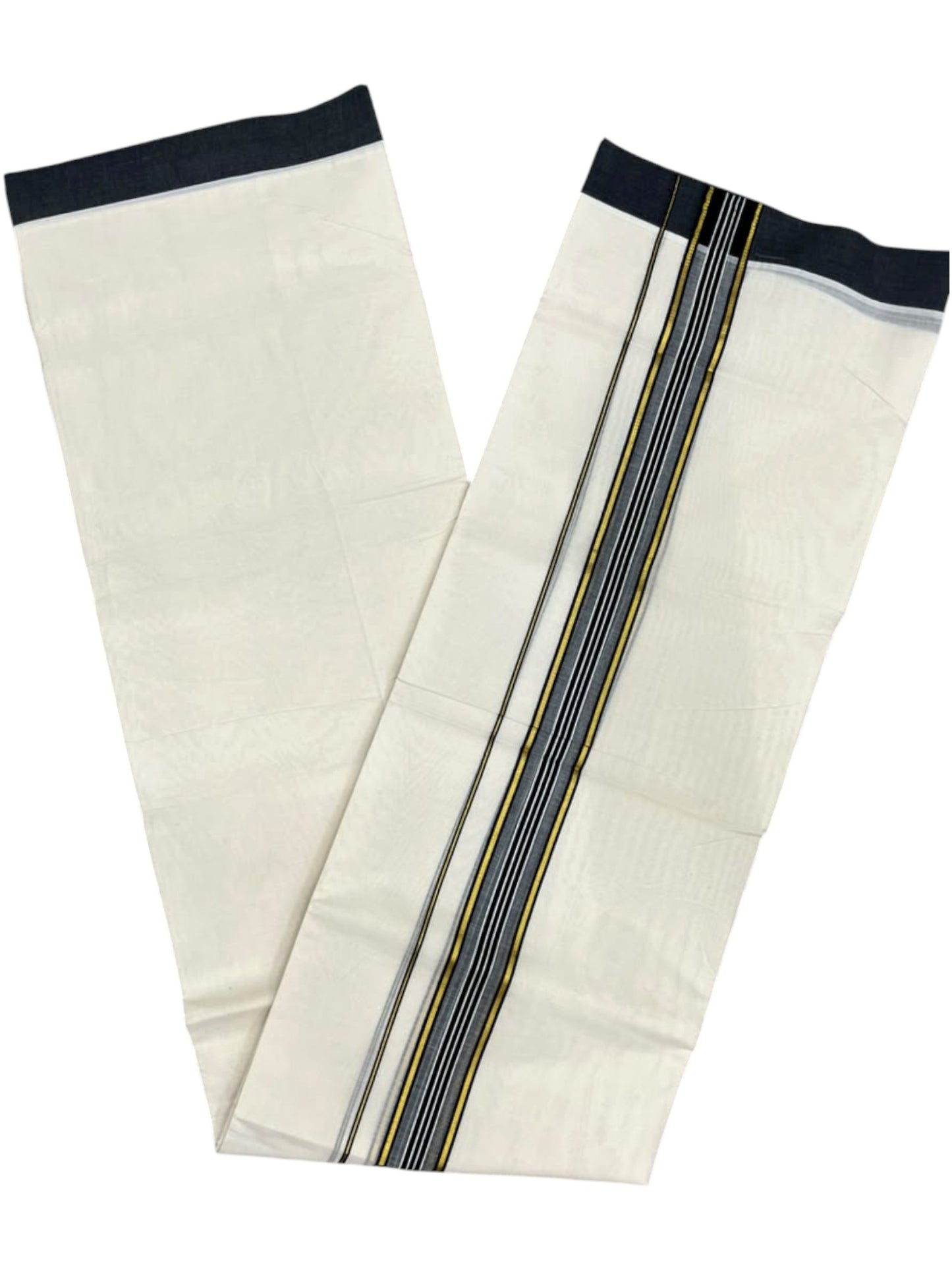 Southloom Pure Cotton Mundu with Golden Lines and Black Border (South Indian Kerala Dhoti)