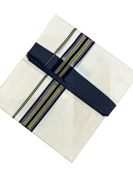 Southloom Pure Cotton Mundu with Golden Lines and Blue Border (South Indian Kerala Dhoti)