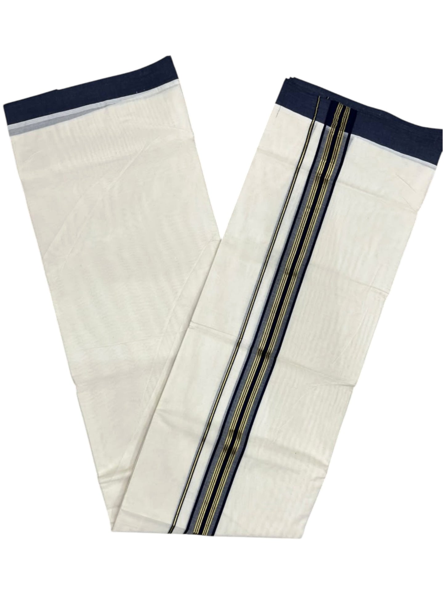 Southloom Pure Cotton Mundu with Golden Lines and Blue Border (South Indian Kerala Dhoti)