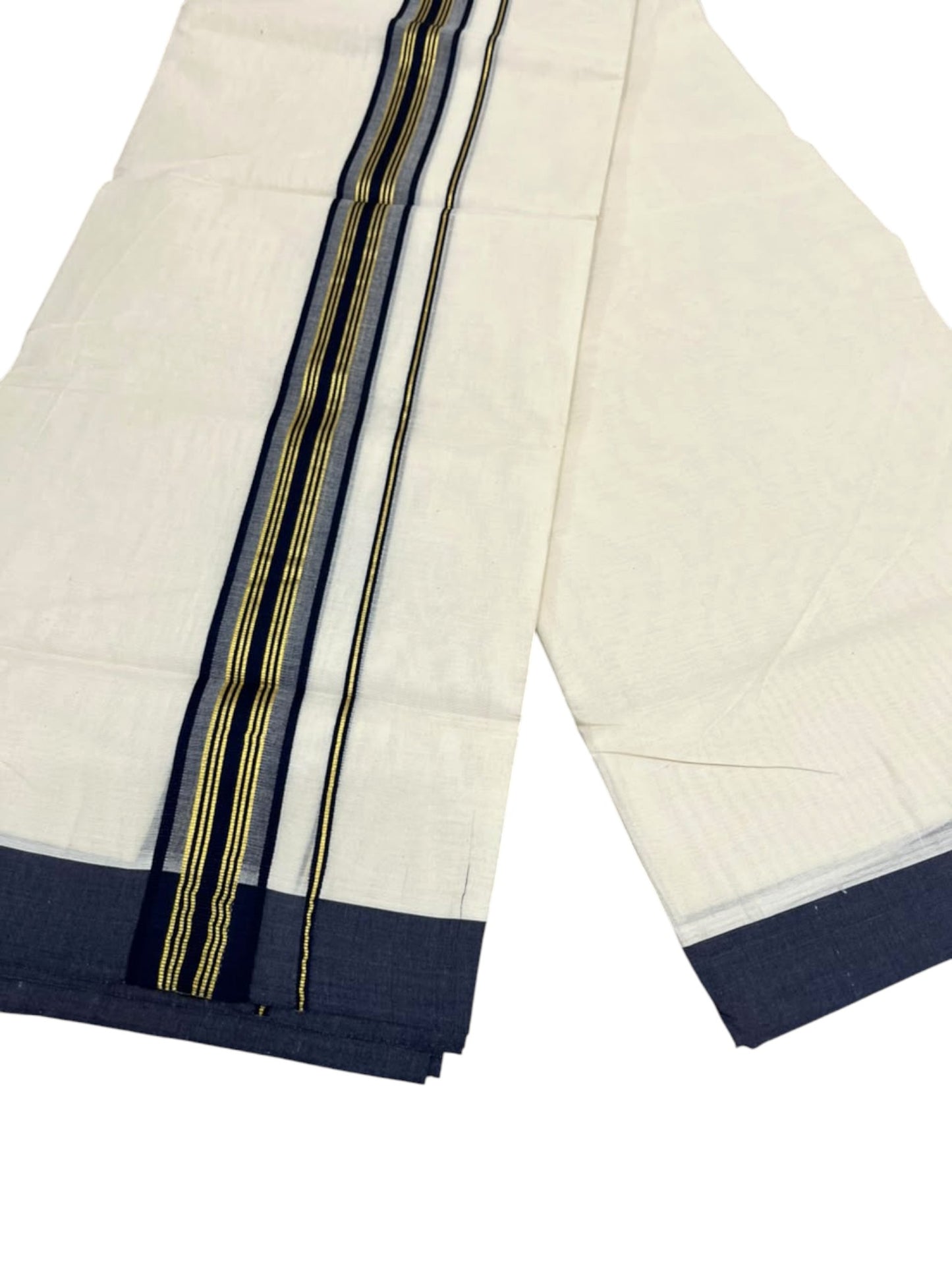 Southloom Pure Cotton Mundu with Golden Lines and Blue Border (South Indian Kerala Dhoti)
