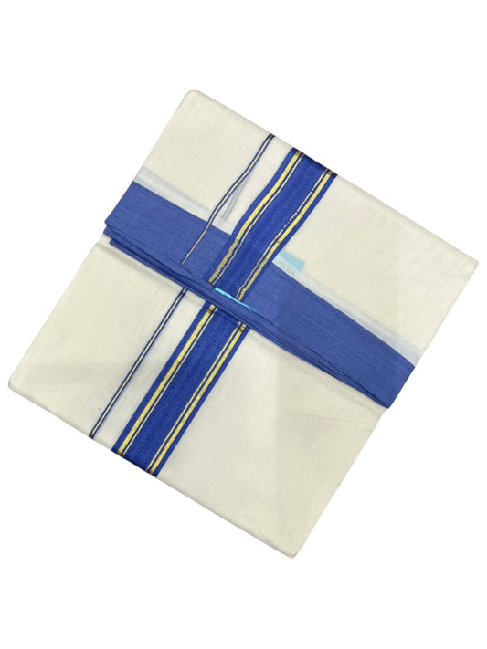 Southloom Pure Cotton Mundu with Golden Lines and Blue Border (South Indian Kerala Dhoti)