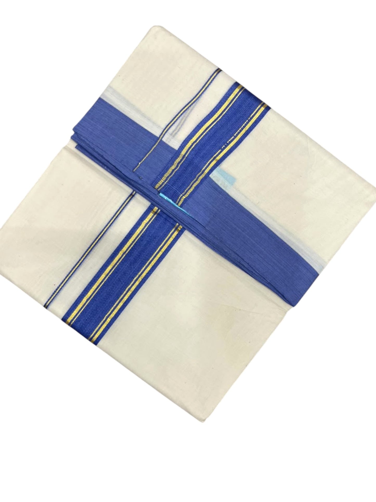 Southloom Pure Cotton Mundu with Golden Lines and Blue Border (South Indian Kerala Dhoti)