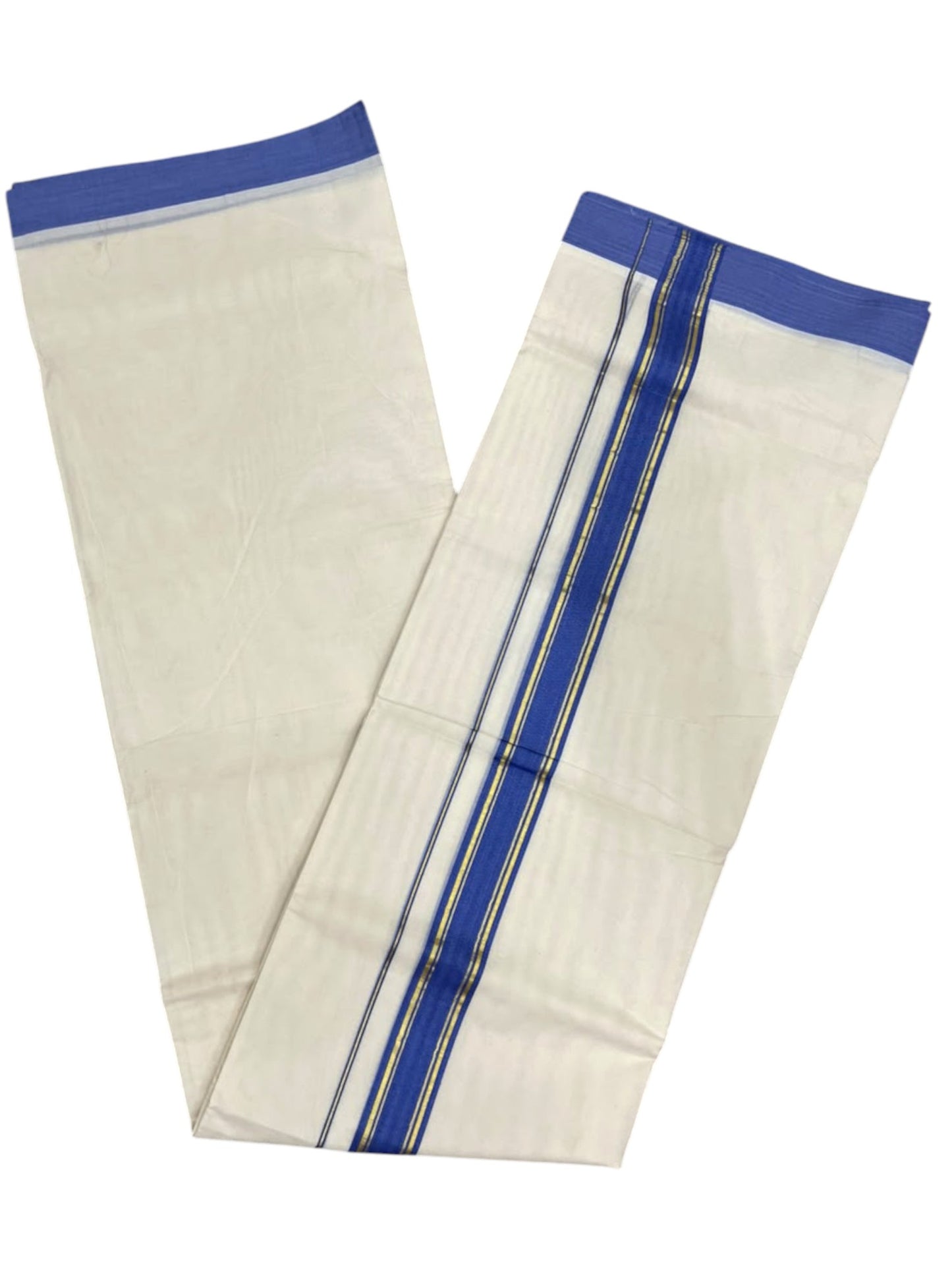 Southloom Pure Cotton Mundu with Golden Lines and Blue Border (South Indian Kerala Dhoti)