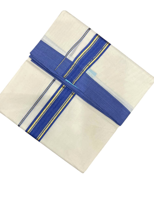 Southloom Pure Cotton Mundu with Golden Lines and Blue Border (South Indian Kerala Dhoti)