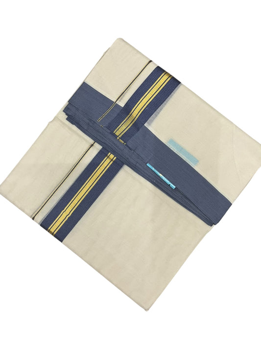 Southloom Pure Cotton Mundu with Golde Blue Lines and Border (South Indian Kerala Dhoti)