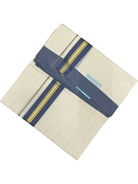 Southloom Pure Cotton Mundu with Golde Blue Lines and Border (South Indian Kerala Dhoti)