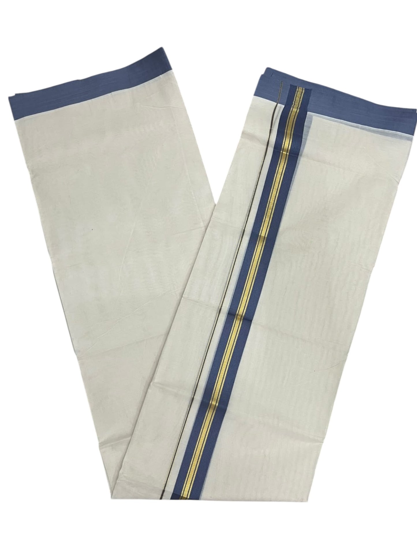Southloom Pure Cotton Mundu with Golde Blue Lines and Border (South Indian Kerala Dhoti)