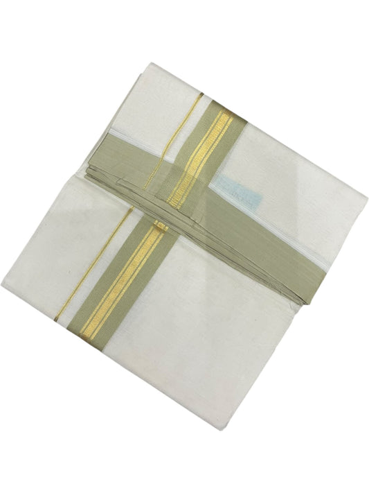 Southloom Pure Cotton Mundu with Golde Olive Green Lines and Border (South Indian Kerala Dhoti)