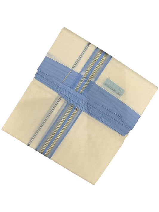 Southloom Pure Cotton Mundu with Golden Lines and Blue Border (South Indian Kerala Dhoti)