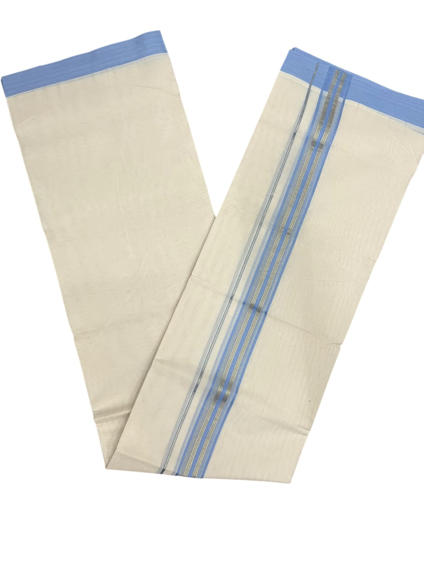 Southloom Pure Cotton Mundu with Golden Lines and Blue Border (South Indian Kerala Dhoti)