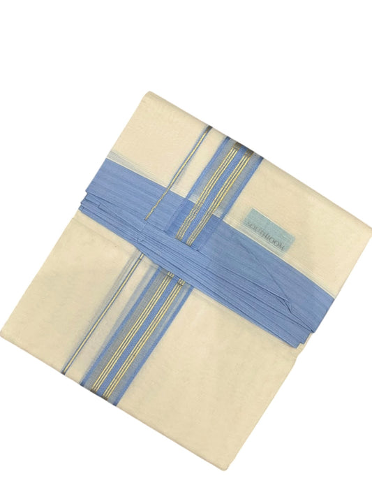 Southloom Pure Cotton Mundu with Golden Lines and Blue Border (South Indian Kerala Dhoti)