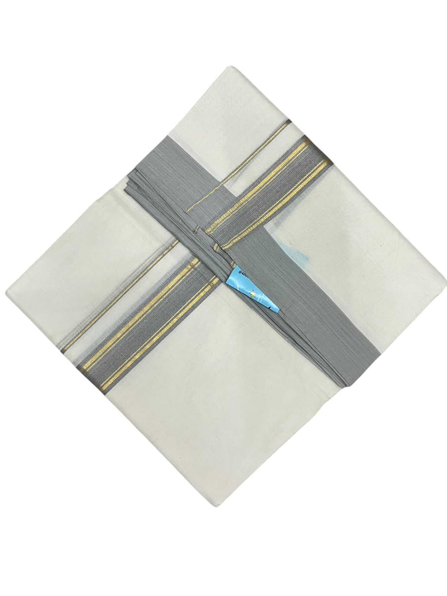 Southloom Pure Cotton Mundu with Golden Lines and Blue Border (South Indian Kerala Dhoti)