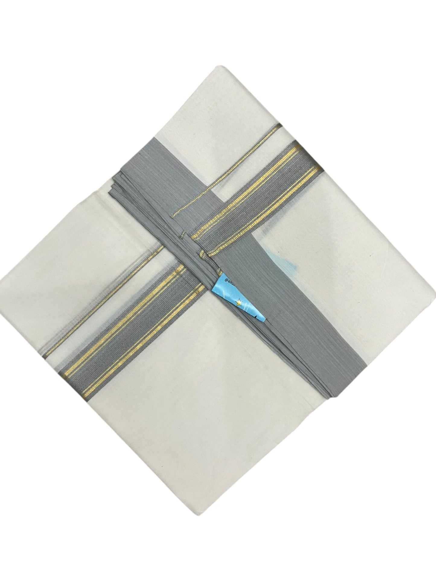 Southloom Pure Cotton Mundu with Golden Lines and Blue Border (South Indian Kerala Dhoti)