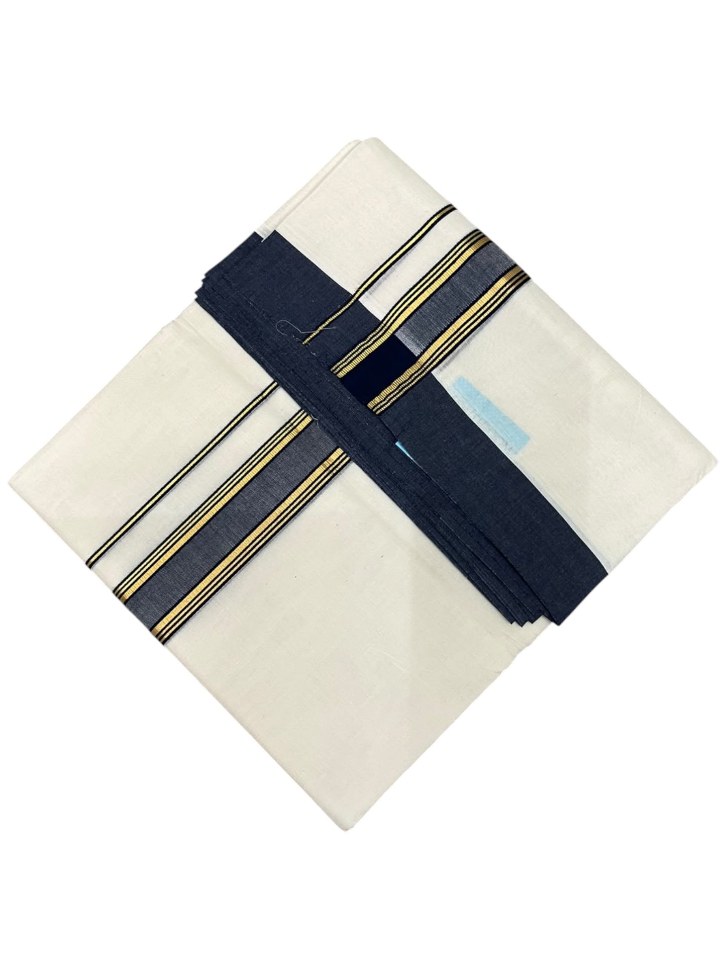 Southloom Pure Cotton Mundu with Golden Lines and Blue Border (South Indian Kerala Dhoti)